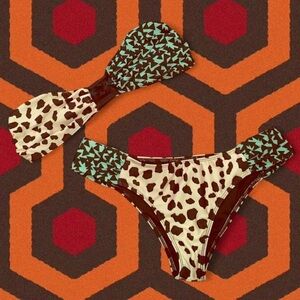 Beach Riot PACSUN Animal Print Green Bandeau Bikini Top Bottom Swim Set — LARGE